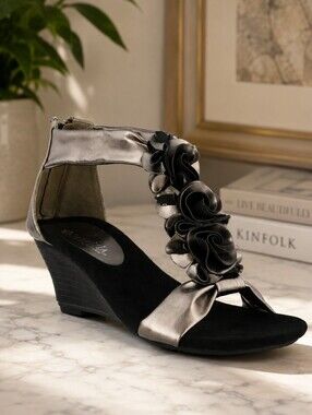 PATRIZIA Harlequin T-Strap Wedge Sandals – EU 36 / Canada 5.5–6  Black/Pewter